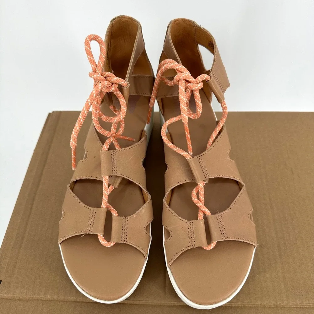 Sorel Tan Cameron Platform Lace Wedge‎ Leather Sandal Women's 9.5